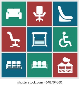 Seat icons set. set of 9 seat filled icons such as sofa, baby seat in car, chair, office chair, swing, disabled