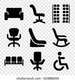 Seat icons set. set of 9 seat filled icons such as sofa, plane seats, baby seat in car, office chair, disabled
