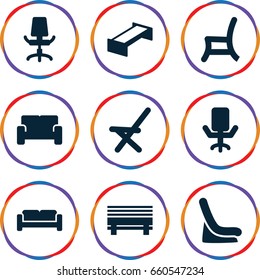 Seat icons set. set of 9 seat filled icons such as garden bench, sofa, baby seat in car, outdoor chair, office chair