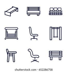 Seat icons set. set of 9 seat outline icons such as garden bench, chair, office chair, bench, swing