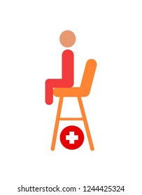 Seat of lifesaver on beach vector cartoon icon. Sitting person primitive shape, place for saver on height, red cross for medical help isolated badge