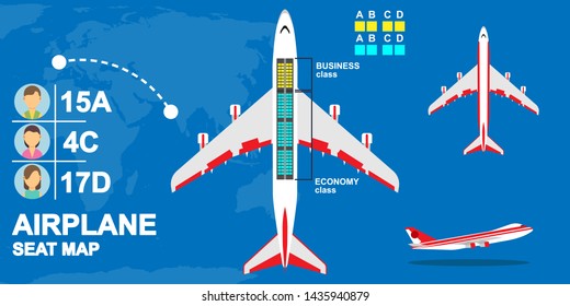 Seat Map Airplane Class Illustration Vector. Airline Tour Trip Passenger Charter Chair. Information Ride International Transit Plane