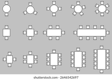 Seat plan icon set, Home, restaurant, seminar, classroom, conference, top view, chair and table, architectural plan with blueprint, customizable stroke, vector, illustration