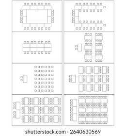 Seat plan, theater, restaurant, seminar, school, conference, wedding, reception, banquet, top view, chair and table, architectural plan with blueprint, customizable stroke, vector, illustration