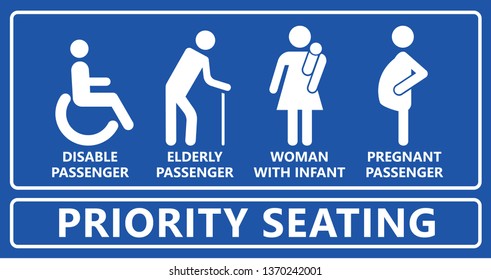 Seat priority icon. Seating people with disable passenger, wheelchair, cripple, pregnant woman or with infant baby. Traffic mobility symbol. Using in public transportation, bus, metro, train, airport.