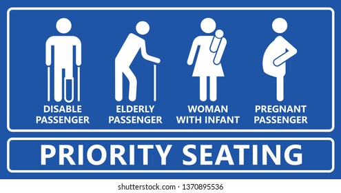 Seat priority icon. Seating people with disable passenger, wheelchair, cripple, pregnant woman or with infant baby. Traffic mobility symbol. Using in public transportation, bus, metro, train, airport.