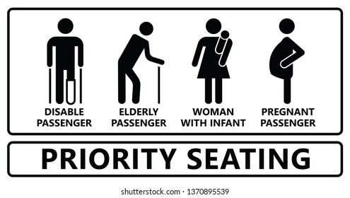 Seat priority icon. Seating people with disable passenger, wheelchair, cripple, pregnant woman or with infant baby. Traffic mobility symbol. Using in public transportation, bus, metro, train, airport.
