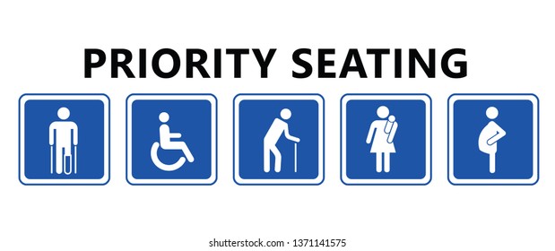 Seat priority icon. Seating people with disable passenger, wheelchair, cripple, pregnant woman or with infant baby. Traffic mobility symbol. Using in public transportation, bus, metro, train, airport.