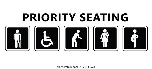 Seat priority icon. Seating people with disable passenger, wheelchair, cripple, pregnant woman or with infant baby. Traffic mobility symbol. Using in public transportation, bus, metro, train, airport.