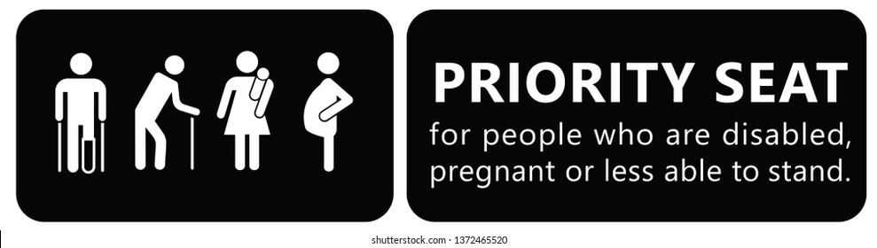 Seat priority icon. Seating people with disable passenger, wheelchair, cripple, pregnant woman or with infant baby. Traffic mobility symbol. Using in public transportation, bus, metro, train, airport.