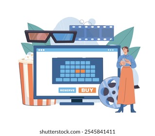 Seat reservation online. Woman buys cinema tickets. Cultural recreation and leisure. Movie and theater. Shopping on internet and ecommerce. Flat vector illustration isolated on white background