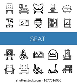 seat simple icons set. Contains such icons as Chair, Stool, Living room, Ticket, Director chair, Shift stick, Sofa, Ticket office, Drawing table, can be used for web, mobile and logo
