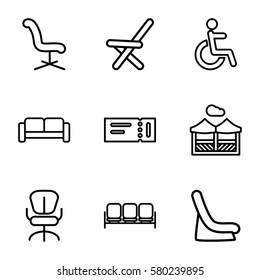seat vector icons. Set of 9 seat outline icons such as sofa, ticket, baby seat in car, office chair, outdoor chair, disabled