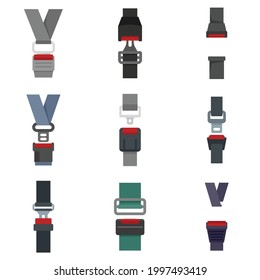 Seatbelt icons set. Flat set of seatbelt vector icons isolated on white background