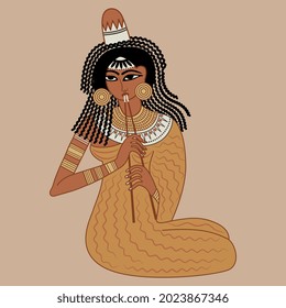 Seated ancient Egyptian girl playing flute.