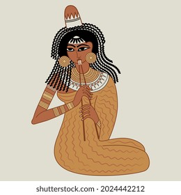 Seated ancient Egyptian girl playing flute. On light background.