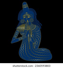 Seated ancient Egyptian girl playing flute. Blue and gold silhouette on black background.