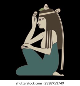 Seated ancient Egyptian girl in profile. Ethnic illustration. On black background.