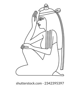 Seated ancient Egyptian girl in profile. Ethnic illustration. Black and white linear silhouette.