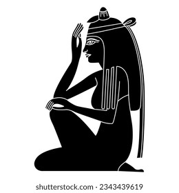 Seated ancient Egyptian girl in profile. Ethnic illustration. Black and white negative silhouette.