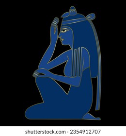 Seated ancient Egyptian girl in profile. Ethnic illustration. Blue and gold silhouette on black background.