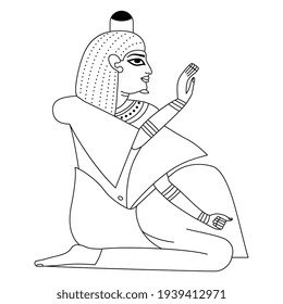 Seated ancient Egyptian man or pharaoh. Blessing gesture. Black and white linear silhouette.