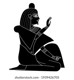 Seated ancient Egyptian man or pharaoh. Blessing gesture. Black and white silhouette.