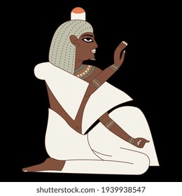 Seated ancient Egyptian man or pharaoh. Blessing gesture. On black background.