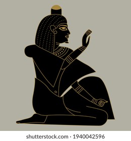 Seated ancient Egyptian man or pharaoh. Blessing gesture. Monochrome silhouette.