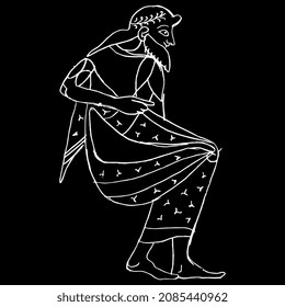 Seated ancient Greek god or bearded man. Vase painting style. Hand drawn linear doodle rough sketch. White silhouette on black background.
