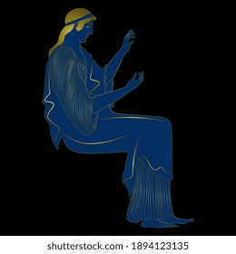 Seated ancient Greek goddess or woman. Vase painting style. Monochrome silhouette.