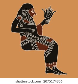 Seated ancient Greek man or god holding a flower. Vase painting style.