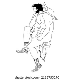 Seated ancient Greek man in hat and sandals. Vase painting ethnic style. Black and white linear silhouette.