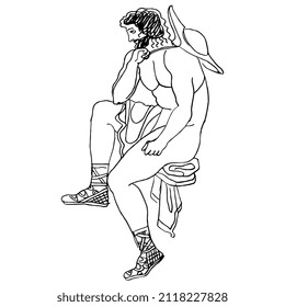 Seated ancient Greek man in hat and sandals. Vase painting ethnic style. Hand drawn linear doodle rough sketch. Black silhouette on white background.