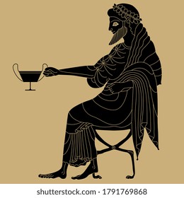 Seated ancient Greek man holding cup. God of wine Dionysus or Bacchus. Monochrome silhouette. Vase painting style.