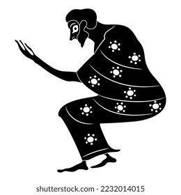 Seated ancient Greek man with raised arm. Black and white negative silhouette. Vase painting style. 