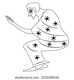 Seated ancient Greek man with raised arm. Black and white linear silhouette. Vase painting style. 