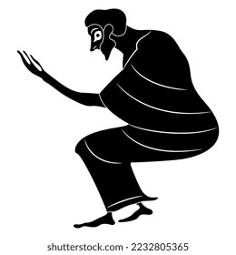 Seated ancient Greek man with raised arm. Black and white silhouette. Vase painting style. 
