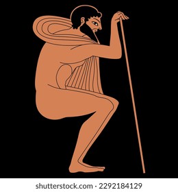 Seated ancient Greek man with a stick. Ethnic vase painting style. On black background.