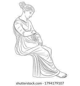 Seated ancient Greek woman. Antique sculpture. Black and white linear silhouette.