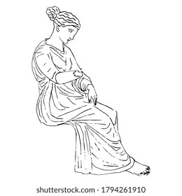 Seated ancient Greek woman. Antique sculpture. Hand drawn linear doodle ink sketch. Black silhouette on white background.