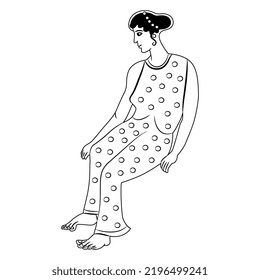 Seated ancient Greek woman in polka dot dress. Vase painting style. Black and white linear silhouette.