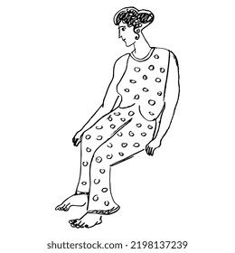 Seated Ancient Greek Woman In Polka Dot Dress. Vase Painting Style. Hand Drawn Linear Doodle Rough Sketch. Black Silhouette On White Background.