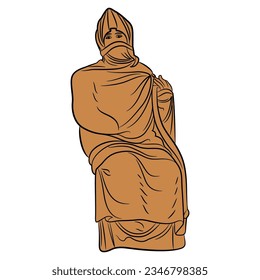 Seated ancient Greek woman shrouded in veil. Vase painting style. Black and orange silhouette on white. Isolated vector illustration.