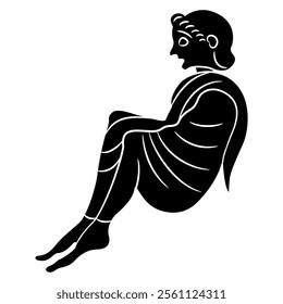 Seated Ancient Greek youth. Vase painting style. Black and white silhouette. 