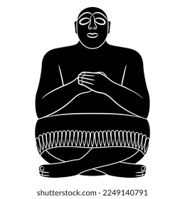 Seated ancient Sumerian man with folded hands. Black and white negative silhouette. Isolated vector illustration.