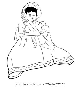 Seated antique doll in vintage dress. Black and white linear silhouette.
