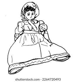 Seated antique doll in vintage dress. Hand drawn linear doodle rough sketch. Black silhouette on white background.