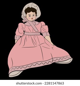 Seated antique doll wearing pink vintage dress and a hat. On black background.