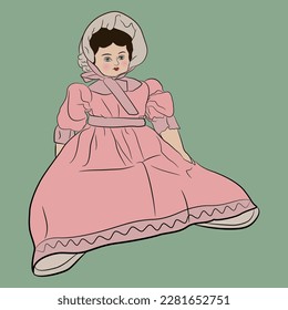 
Seated antique doll wearing pink vintage dress and a hat. On green background.
